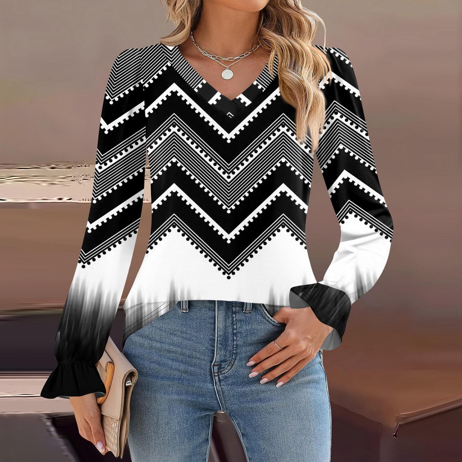 

Женский повседневный топ с длинными рукавами и полосатым принтом, с v-образным вырезом XXL чёрный