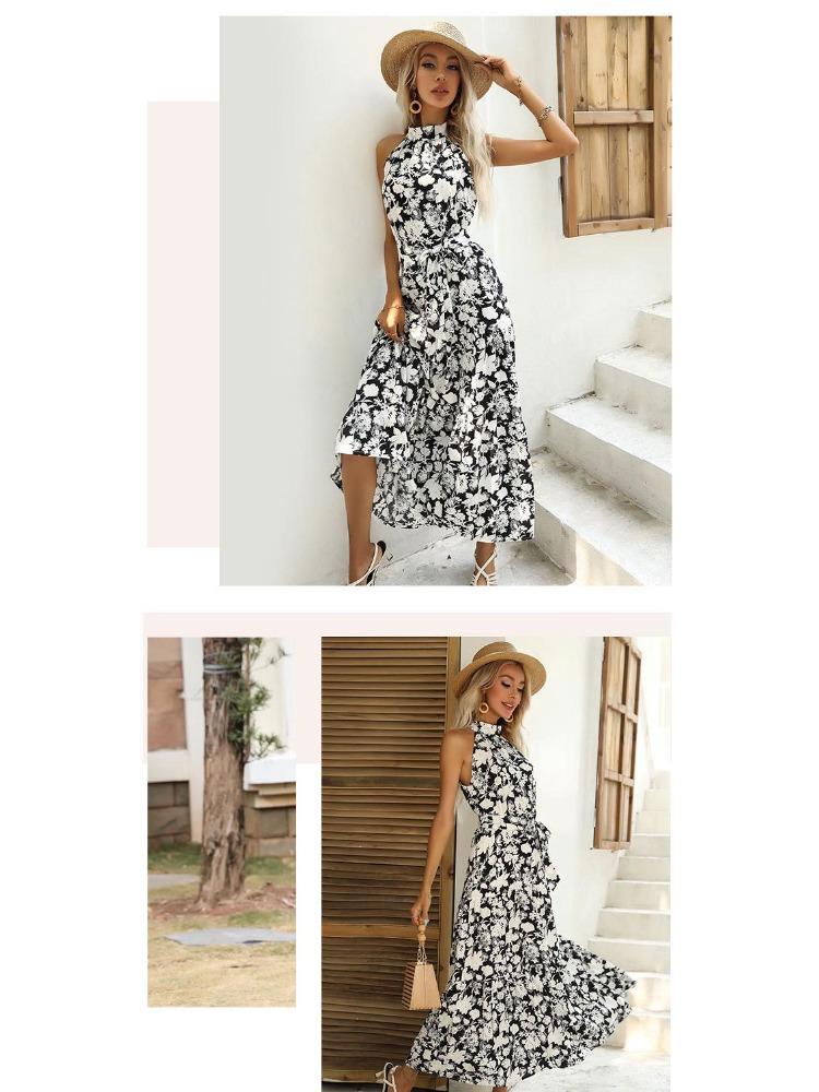 Halter Neck Sleeveless French Style Slit Print Dress Summer Hot Seller