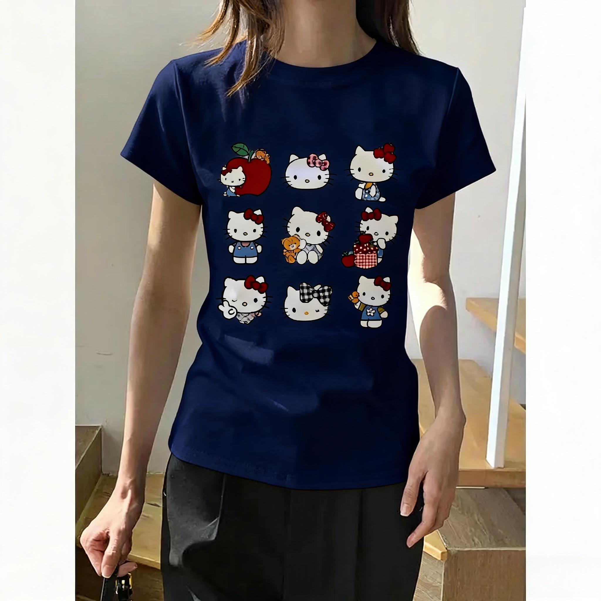 

2026 новая футболка Hello Kitty из мягкого хлопка с коротким рукавом и круглым вырезом, милый принт, легкий летний топ для женщин, повседневная одежда S