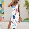 Women Plus Size Sleeveless U Neck Geometric Printed High Side Slit Curved Hem Dress