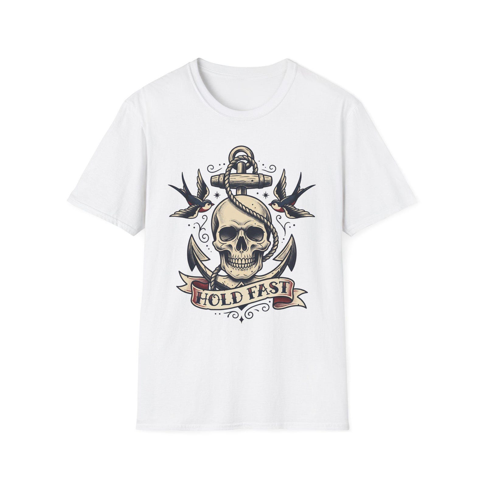 Nautical Skull Anchor T-Shirt | Hold Fast Sailor Swallow Tattoo Tee | Maritime Gift for Sailors Unisex XL