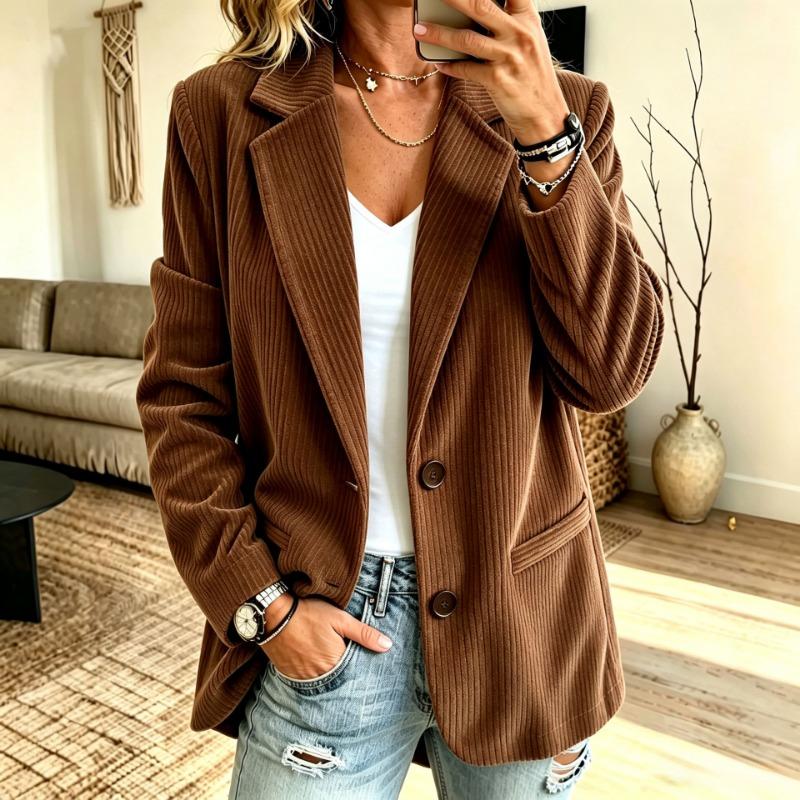 Damen S Vintage Unifarben Kord Langarm Blazer Mantel