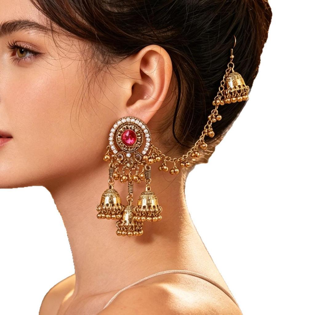 Retro Rhinestone Bohemian Wind Chime Tassel Earrings and Ear Chain Set