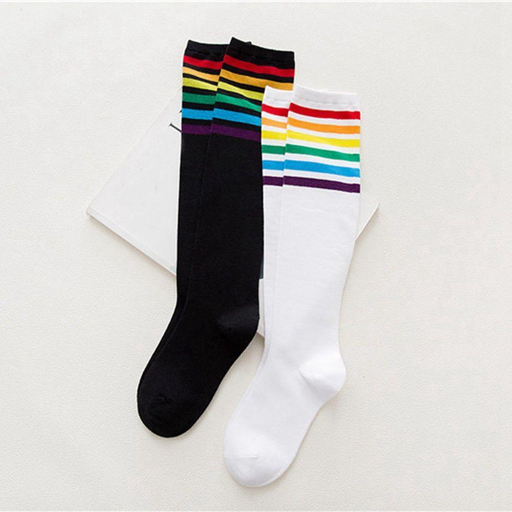 Women Knee Over Cotton Stocking Football Socks Rainbow Stripe Long Hosiery