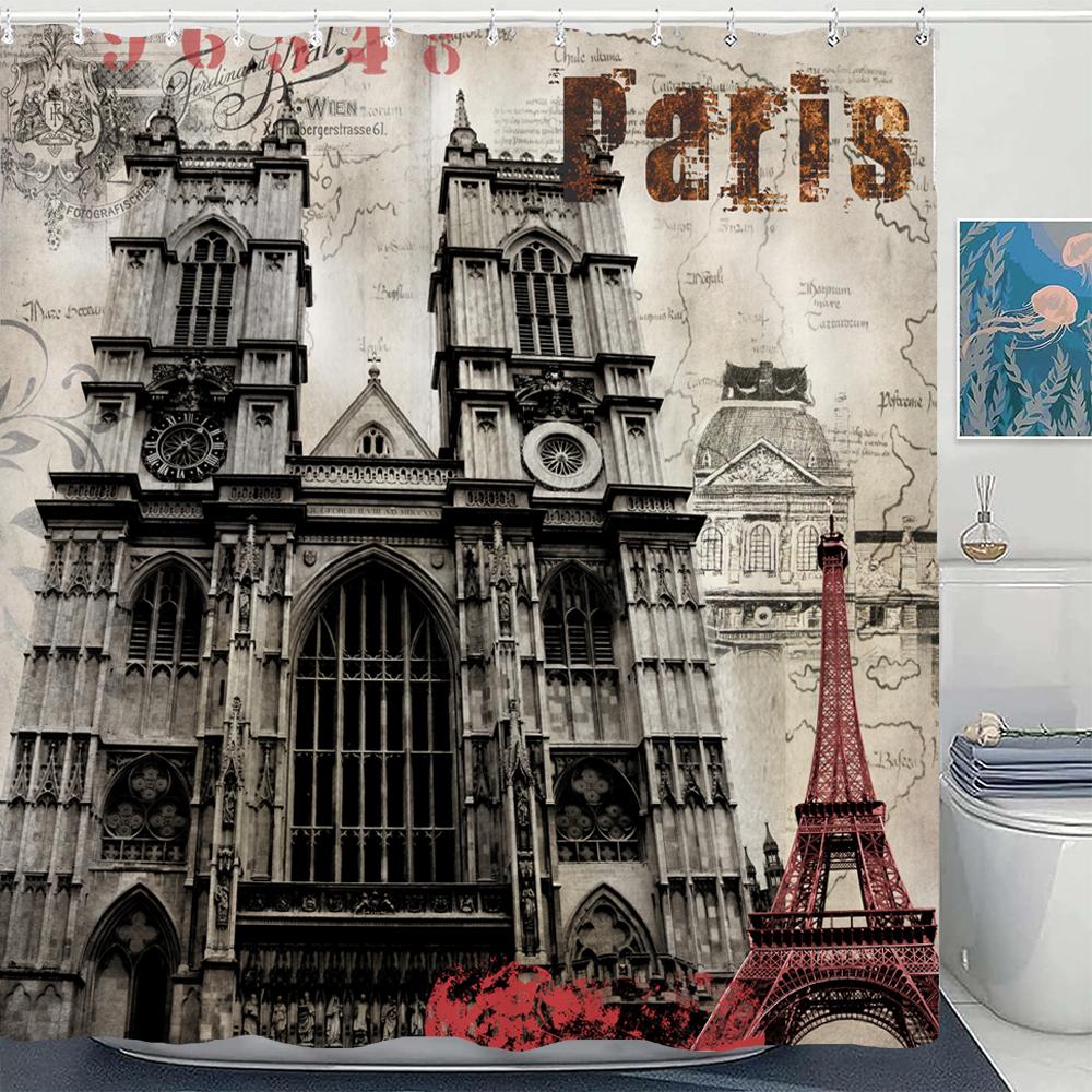 Nordic Retro Paris Tower Printed Shower Curtain With Hooks For Waterproof Polyester Fabric Bathtub Curtains Bathroom Decor