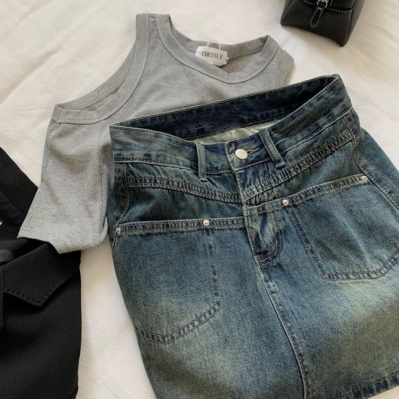 Classic Versatile Youthful Half Skirt High Waist Split Pockets Design Sense Package Hip A-line Retro Skirt Ladies Summer Fashion Denim Short Skirt