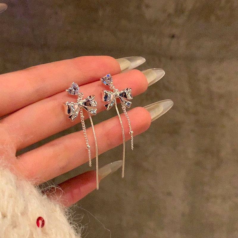 Sweet Signal~ Silver Needle Zircon Bow Fringed Earrings Exquisite Elegance Earrings Daily Versatile Earrings