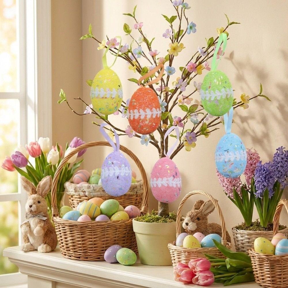 6Pcs DIY Craft Fake Easter Eggs Colorful Eggs Hanging Ornaments  Easter Party