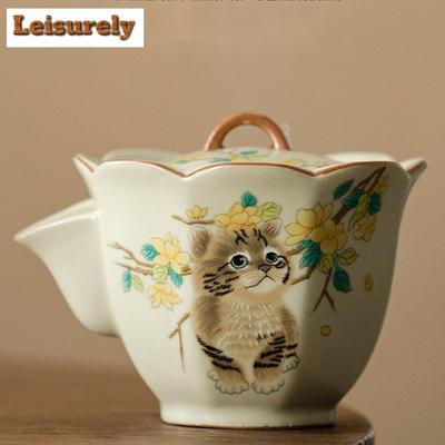 100ml Ru Kiln Opening Cute Cat Gaiwan Creative Flower Mouth Hand Grasping Tea Tureen Tea Maker Cover Bowl Tea Items Ornaments