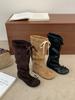 New inner height increase women's straps bow boots round head high boots suede thin fashion boots