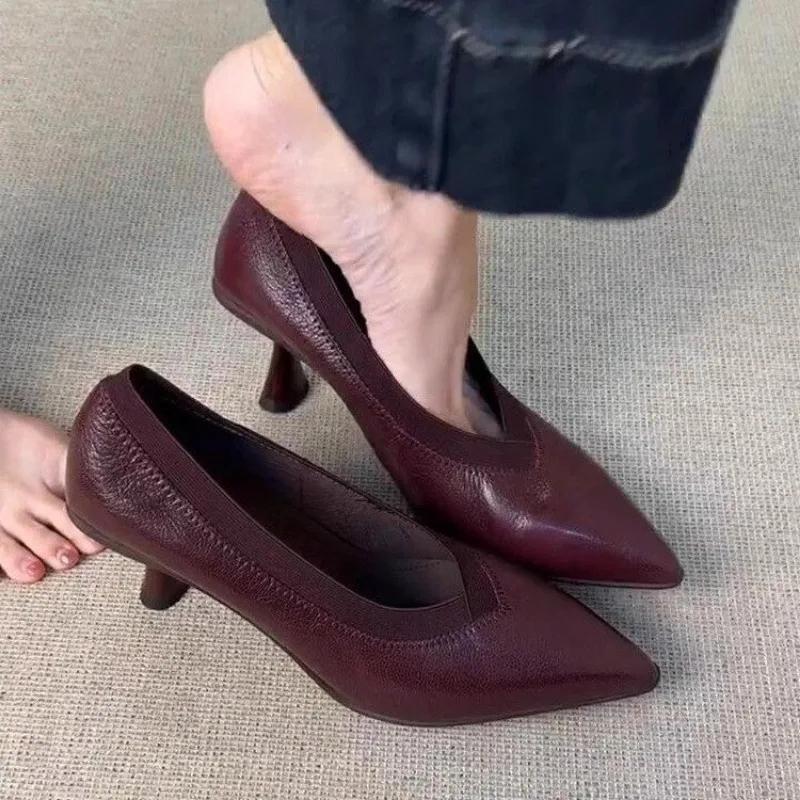 

2024 Брендовые женские туфли на низком каблуке для женщин, модные однотонные туфли для офиса и карьеры, сексуальные туфли с острым носком для женщин, Zapatos Mujer 40 вино красного