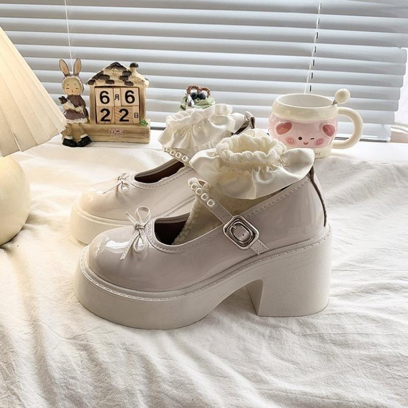 

Жемчужный ремешок платформа туфли Мэри Джейн осень новый бант толстый каблук одинарные туфли женские универсальные повседневные женские туфли 40