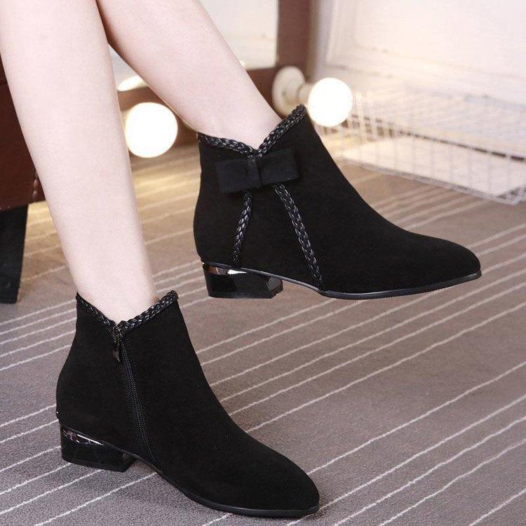2025 Autumn Winter Women's PU Short Boots Ladies Fashion Bow Side Zipper Middle  Warm Casual Elegant Suede Ankle Boots Plus Size