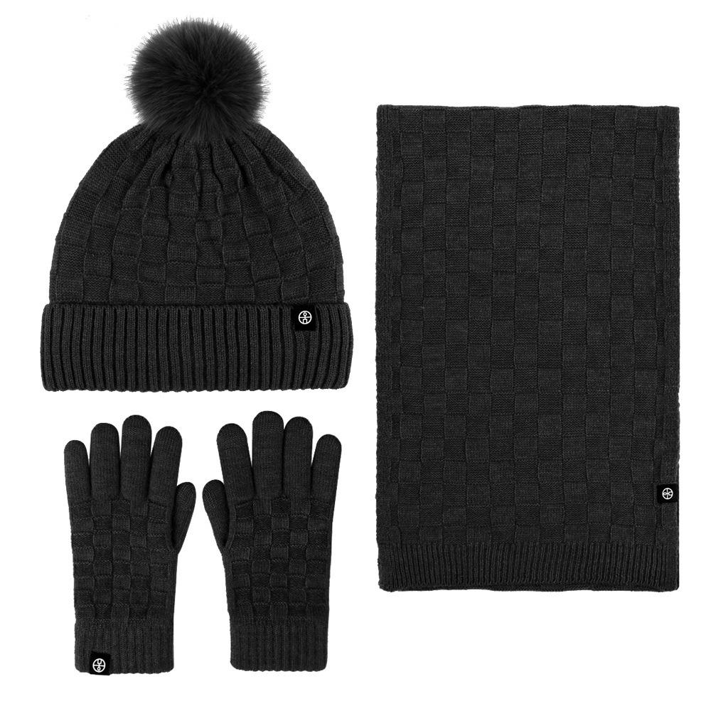Winter warm thickened hat scarf gloves three-piece set windproof adult knitted hat