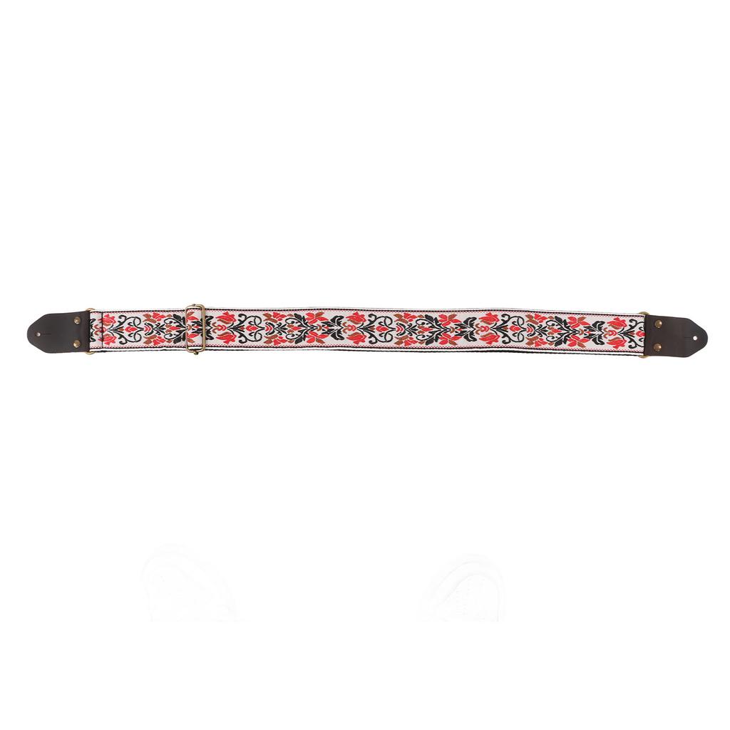 Guitar Strap Leather Head for Acoustic Electric Embroidered Jacquard Vintage Floral PatternWhite