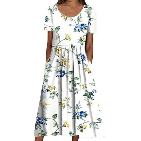 Dámské letní šaty s krátkým rukávem Ležérní květinový potisk Midi šaty s kulatým výstřihem a kapsami Splývavé plážové letní šaty do A