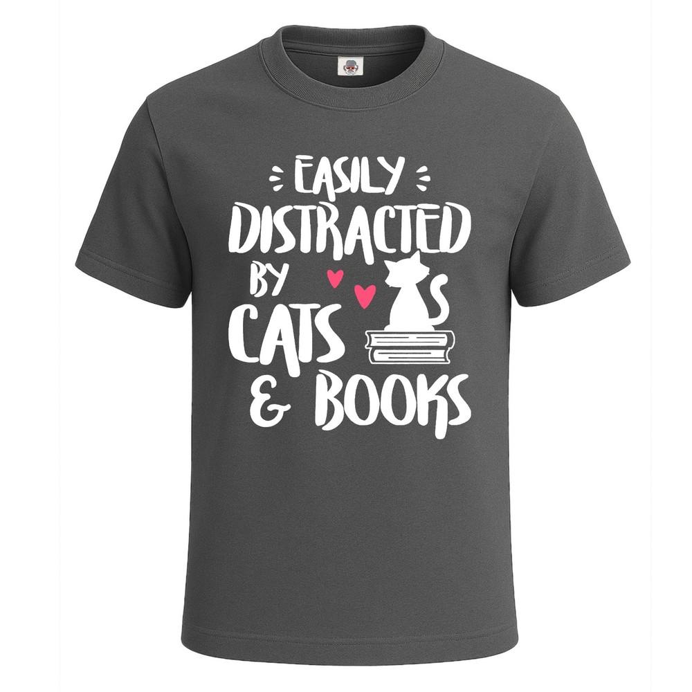 Easily distracted by cats and books novelty gift mens t shirt funny shirt top 2XL
