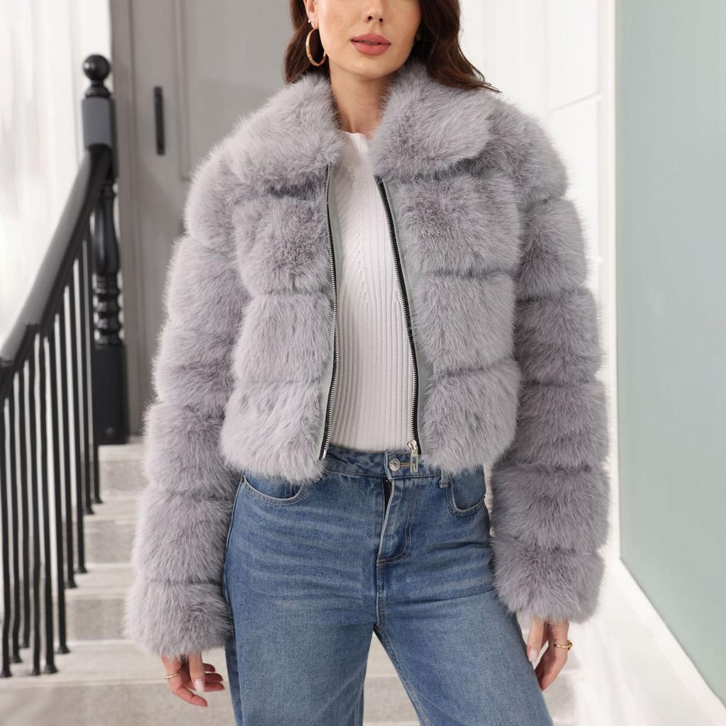 Women's Fashionable Warm Long Sleeve  Solid Color Furry Collar Coat