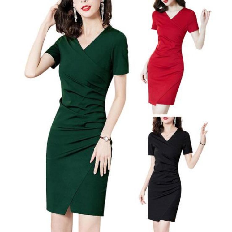 Damen Sommer Freizeitkleid Kurzarm V-Ausschnitt Hohe Taille Raffung Bodycon Mini Einteiler Slim Fit Kleid