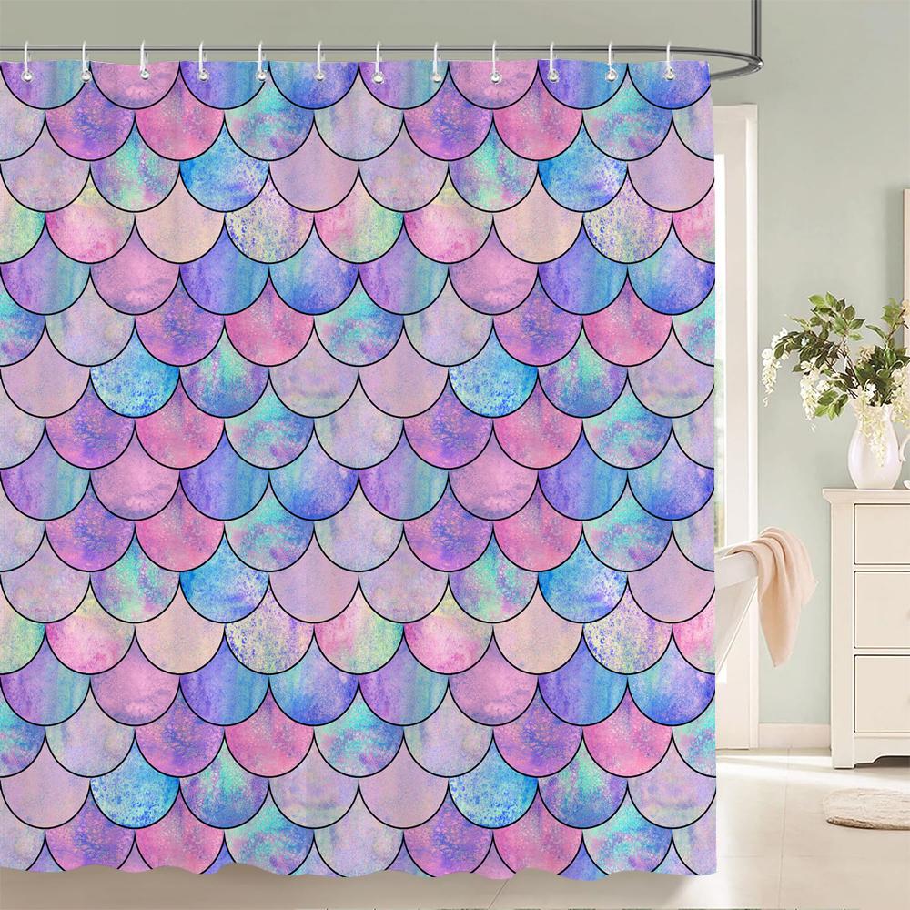 Dunika Chen Colorful Fish Scale Waves Geometric Shower Curtains 3D Printed Waterproof Fabric With Hooks Home Decor Bathroom Curtain