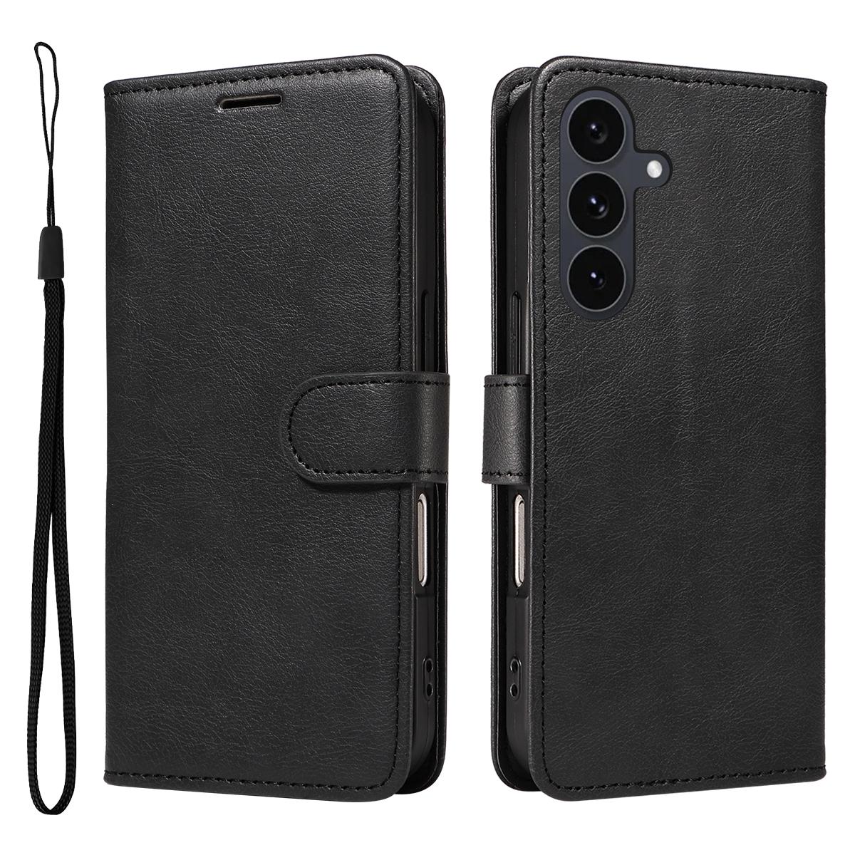 

For Samsung Galaxy S25 FE Leather Wallet Case with Strap Solid Color Phone Stand Cover Black