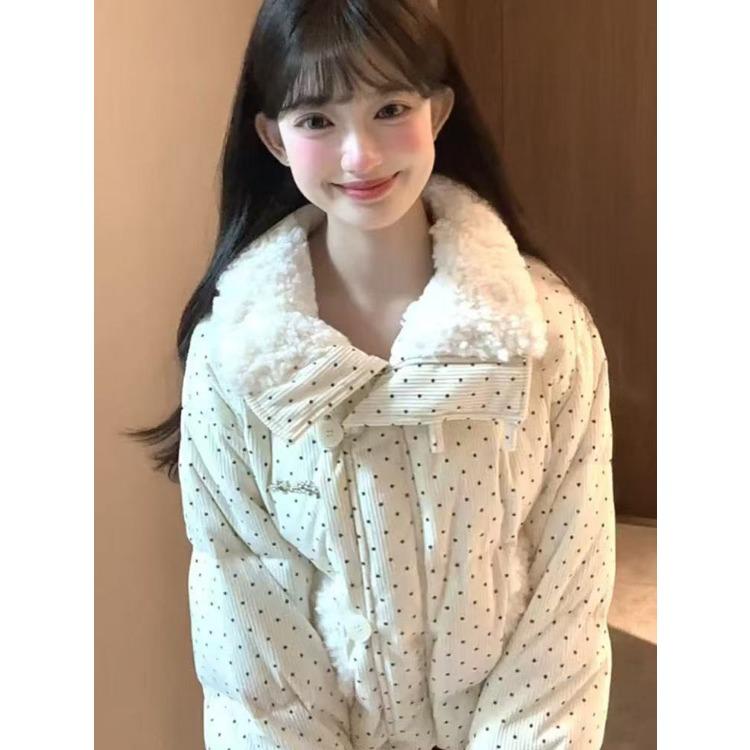 Korean Style Polka Dot Cotton Jacket with Winter Sweet and Thick Loose Short Coat