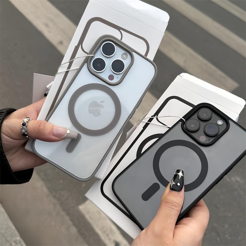 Titanium Gray Magnetic Transparent Case For iPhone 15 14 13 12 11 Pro Max Plus Magsafe in-car Antiskid Wireless Charging Cover