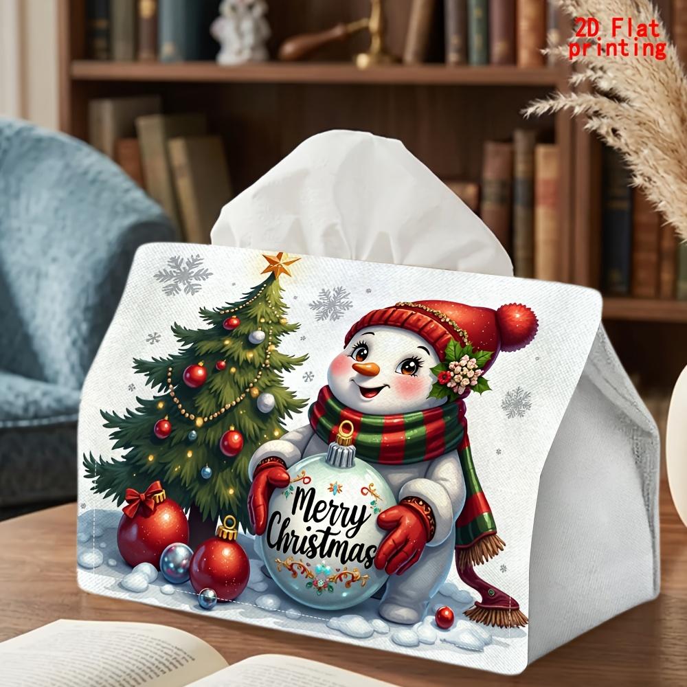 2D Flat 1pc, Tissue Box. Snowman Christmas Tree Decor Pattern Napkin Paper Dispenser, Reusable, Daily Desktop Tissue Storage Box, Suitable for Kitchen