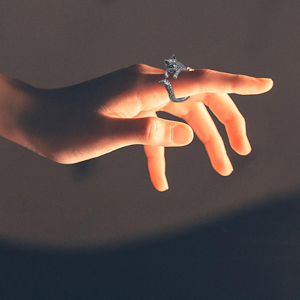 Vintage Thai Cat Ring Pet Live Mouth Ring Adjustable Ring Female