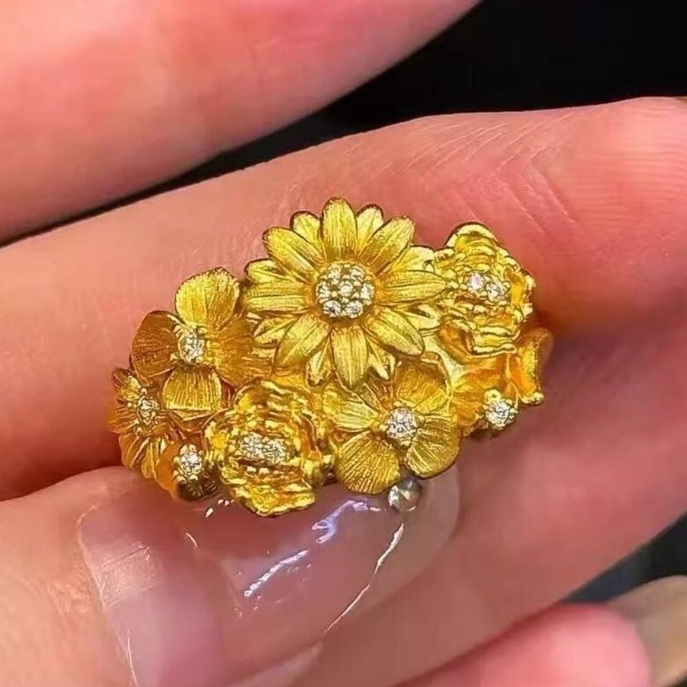 Glittering Floral Adjustable Ring Luxury Gold Plated Ring Rhinestone Accent Ring Women Accessories