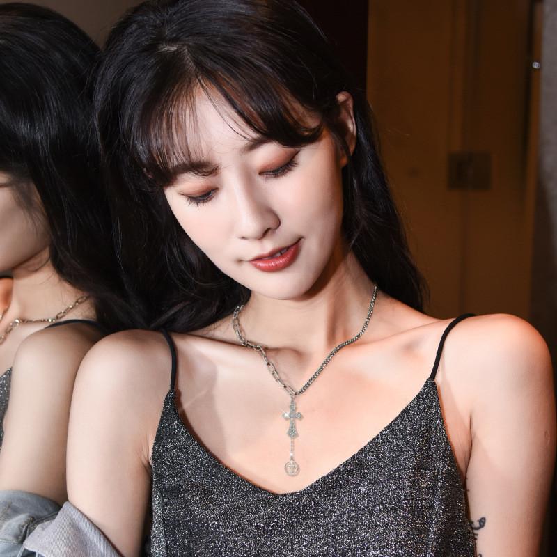 Elegant Korean Style Long Cross Pendant Necklace For Women With Titanium Steel Design