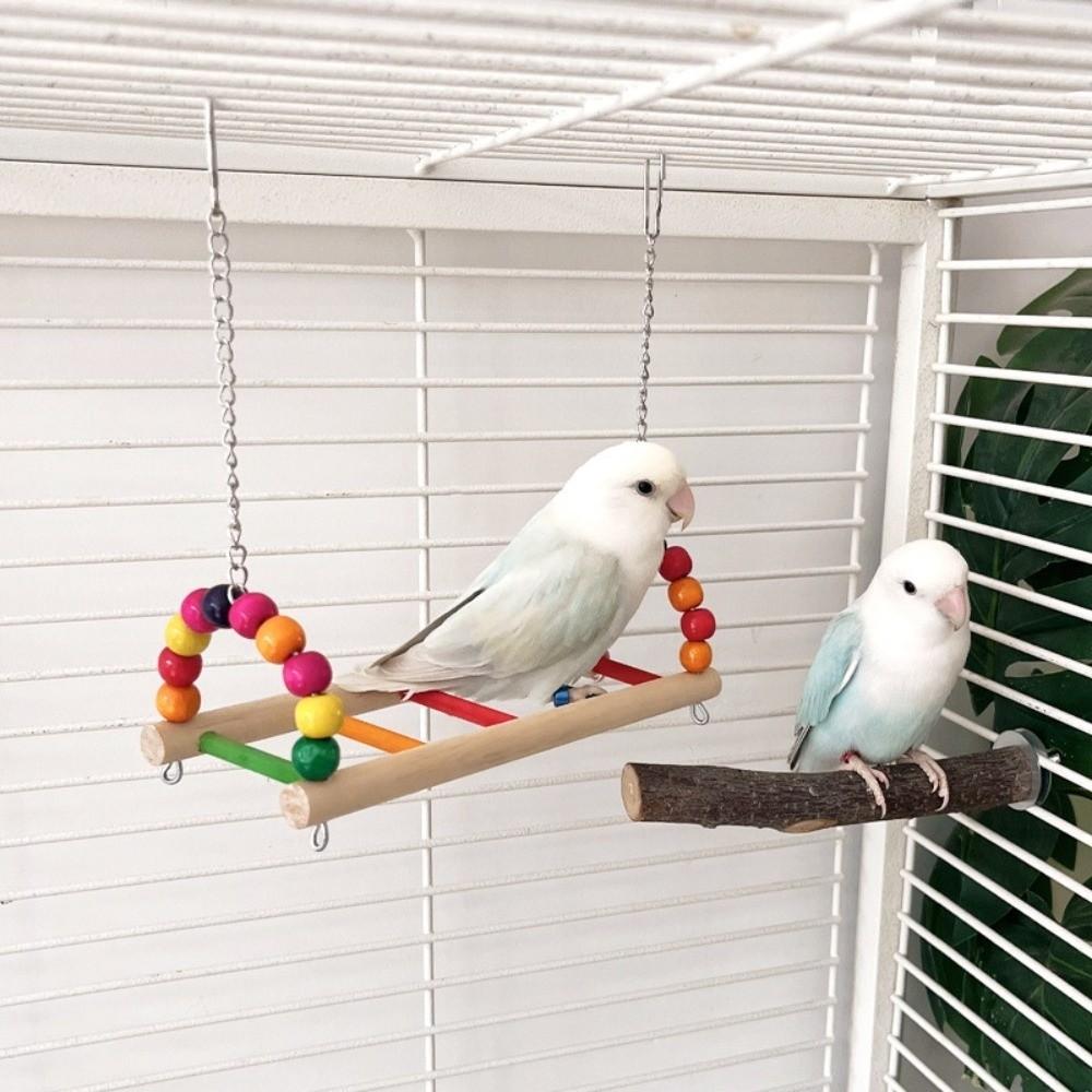 Bird Perch Stand Bite Resistant Parrot Swing Wooden Colorful Beads Bird Hanging Bird Cage Standing Play Gym