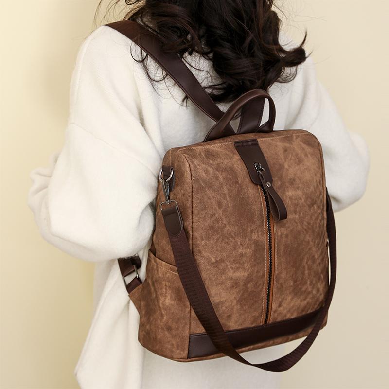 Zipper Backpack Women's Block Color Backpack Female Anti-Theft Schoolbag