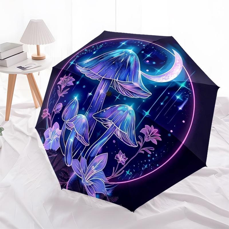 1pc Fantasy Mushroom Night Scene Umbrella with Plastic Handle,Vibrant Cartoon Pattern,Multi-functional UmbrellaB1968