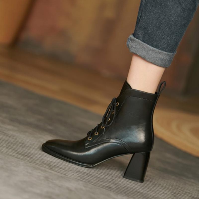Fashion Autumn/Winter Women Boots Square Toe High Heel Shoes for Women Black Leather Boots Women Lace Up Handemade Shoes Botas De Mujer
