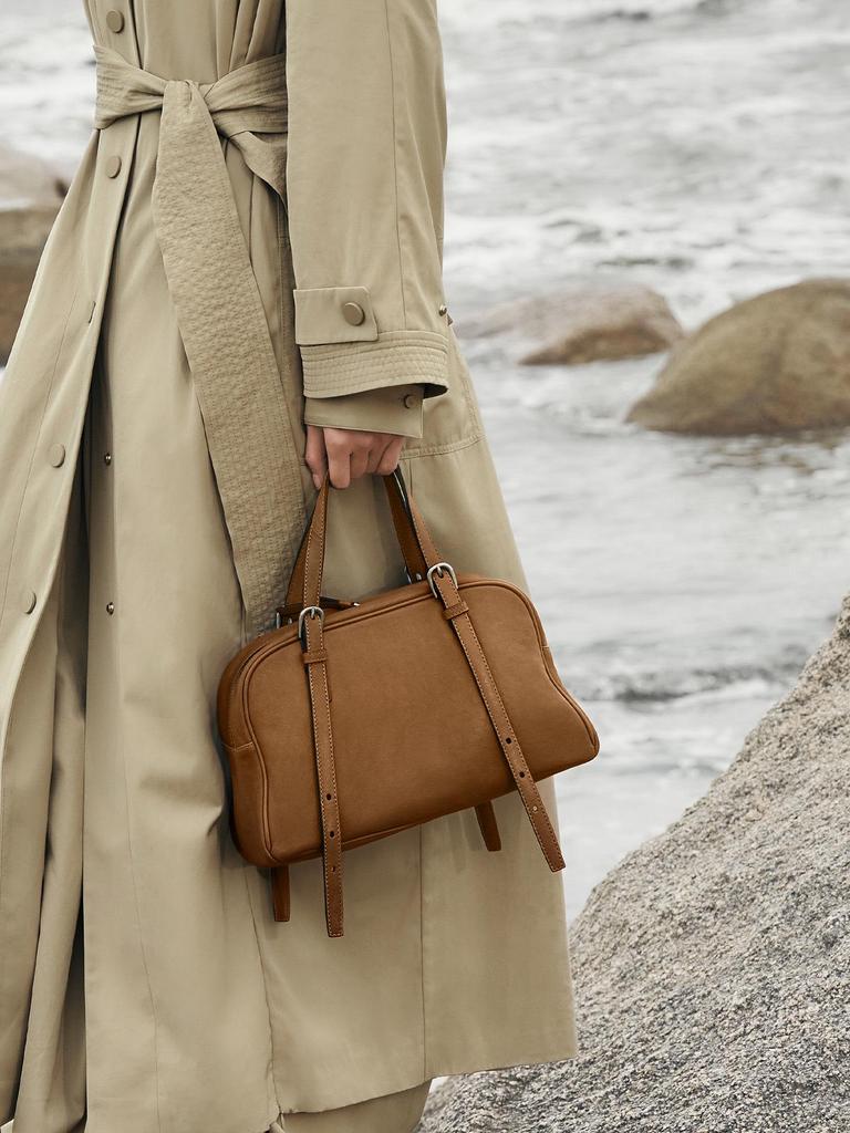 Bolsa de Bowling Casual Retrô Qiu Zhen Youyou Feminina – Bolsa de Mão e Bolsa de Ombro de Couro de Cordeiro Genuíno de Grande Capacidade