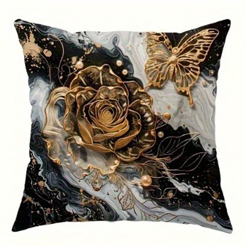 Schwarz und Gold Rose Schmetterling Luxus Kissenbezug Schlafzimmer Wohnzimmer Sofa Heimdekor Polyester Kissenbezug mit Reißverschluss