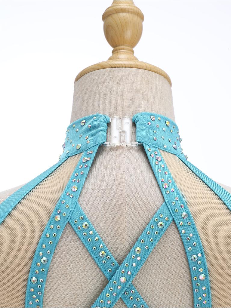 Girls Latin Dance Crop Top Halter Sleeveless Crisscross Back Mesh Patchwork Sparkling Rhinestones Vest