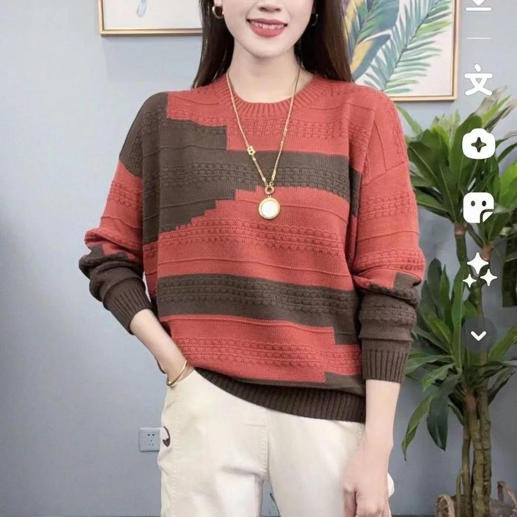 Women's Spring and Autumn Contrast Color Fashion All-match Sweater Sweater Casual Round Neck Long-sleeved Sweater