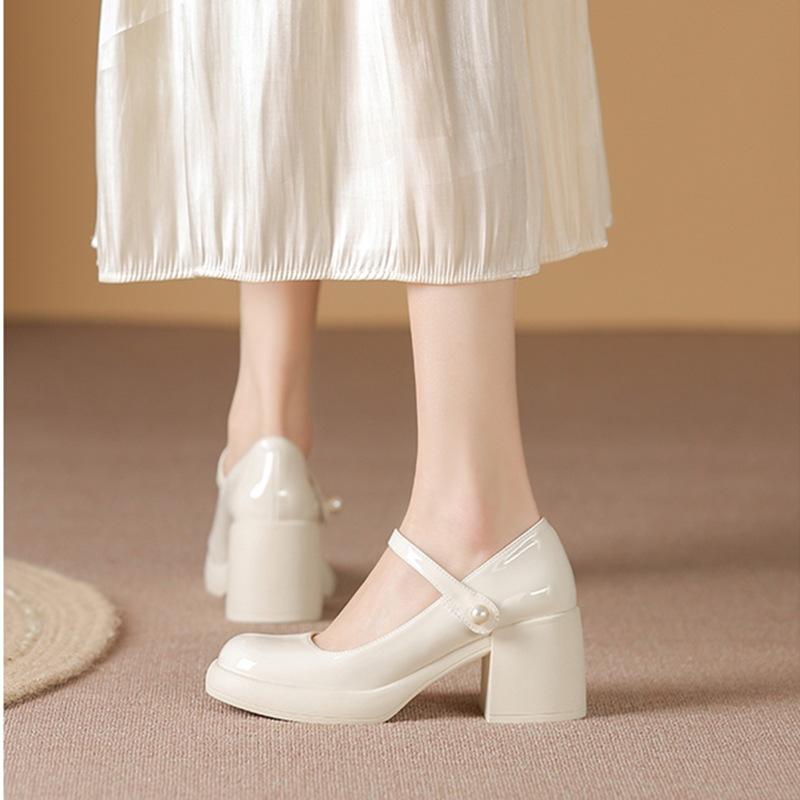 Genuine leather~ Mary Jane thick heel single shoes women's pearl French retro high heels one word with shallow mouth fairy shoes college