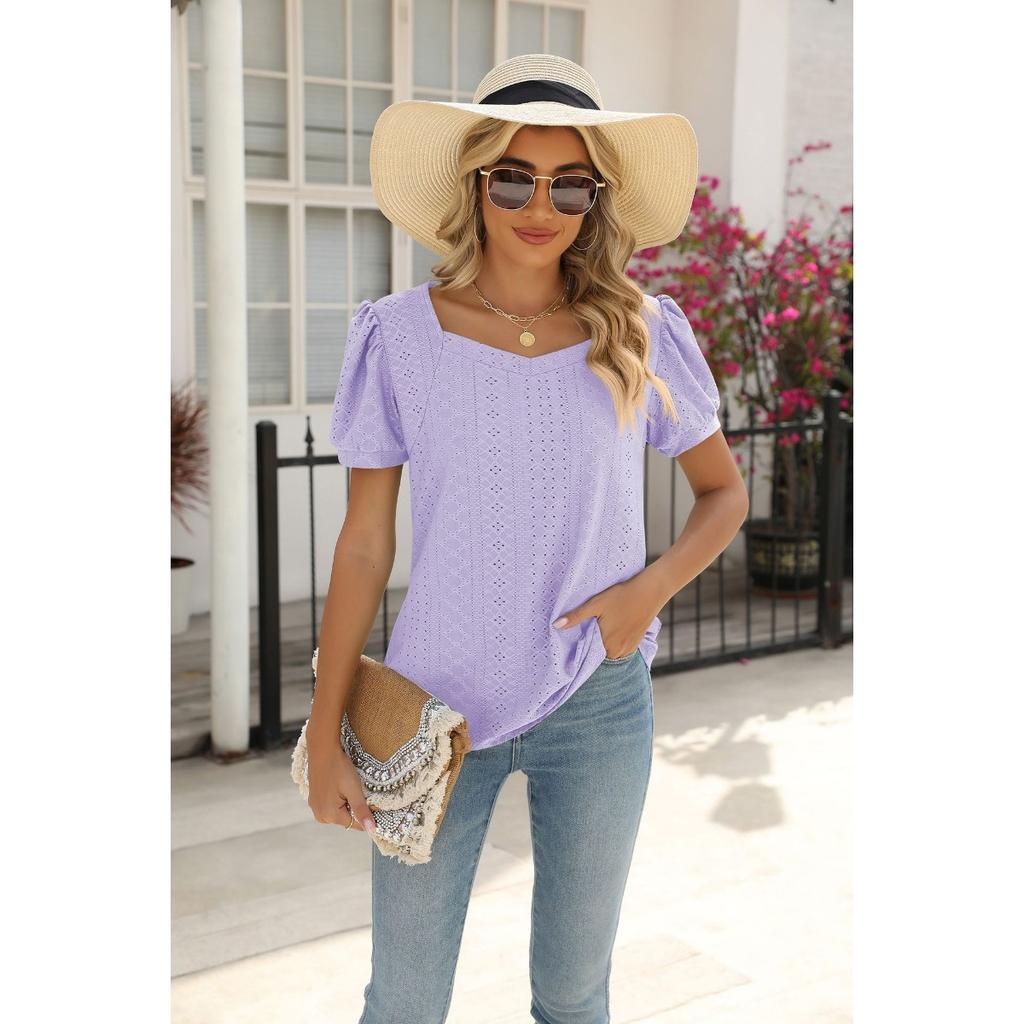 Spring Summer New Women's Solid Color Square Neck Puff Short Sleeve T-shirt Loose Casual Top For European American Cross-border