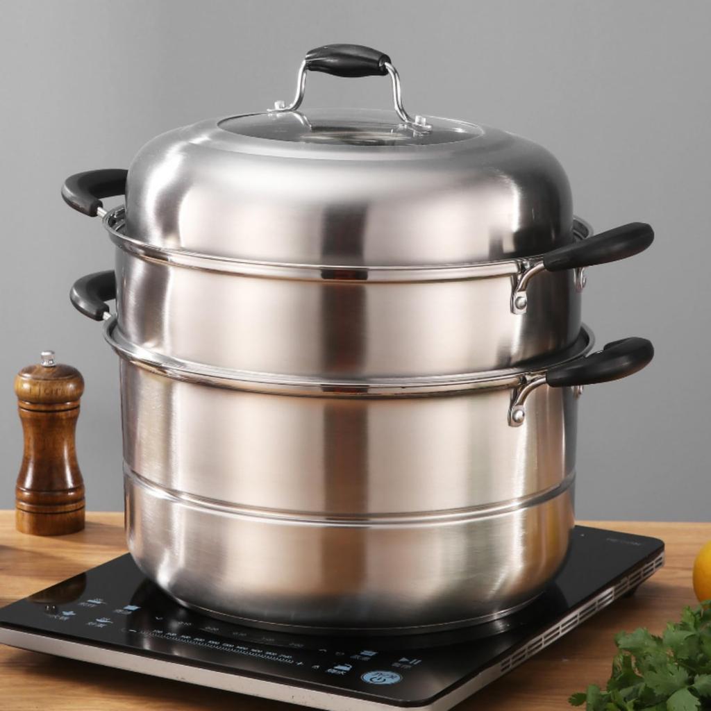 buuyyaa Stainless Steel with Glass Gas and IH Includes Steaming 28cm Steamer, Three-Tier, Multifunctional, Lid, Compatible, Cloth,