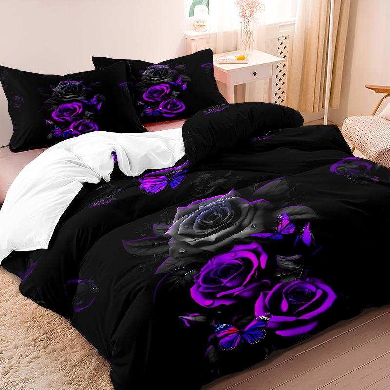 

3Pcs Duvet Cover Set 1Pc Duvet Cover 2Pcs Pillowcases Without Core Ultra-Soft Comfortable Breathable Roses Butterflies Duvet Cover Set&EU Single(135x200cm)