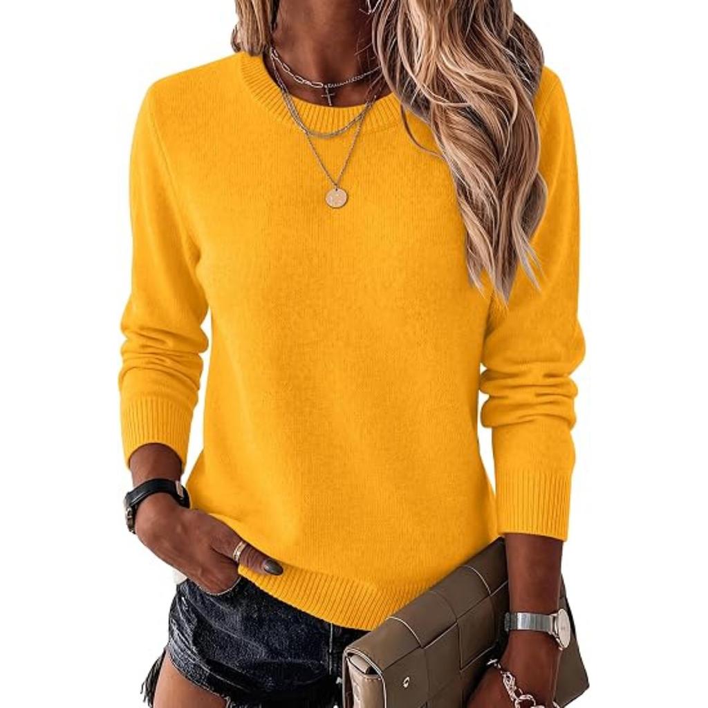 Women's Casual Crewneck Knit Sweater Long Sleeve Color Pullover for Fall Winter