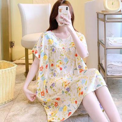 Women Nightdress Loose Floral Print Round Neck Pleated Short Sleeves Knee Length Homewear Casual Midi Dress Lady Nightgown Midi Dress