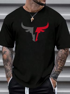 Camiseta masculina de verão 100% algodão confortável casual folgada plus size com estampa de padrão de touro esportiva gola redonda manga curta