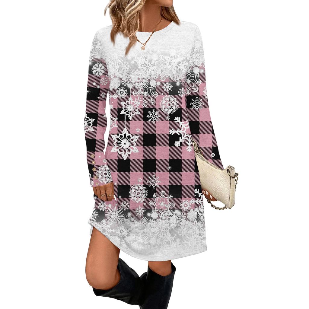 Women's Fashion Casual Dress With Pockets, Decorative Buttons, Christmas Prints, Round Neck And Long Sleeves