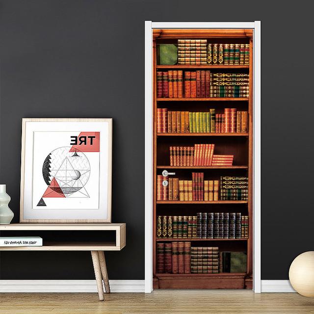 Retro Library Adhesive Door Wallpaper Waterproof Home Decor Living Room Mural Decal Sticker Wooden Cabinet Poster Wine