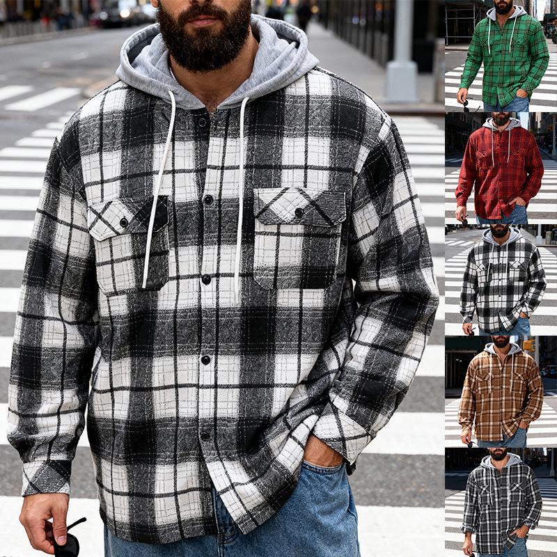 TikTok Men's Plaid Hooded Shirt Jacket - Casual Hip Hop Style for Spring & Autumn