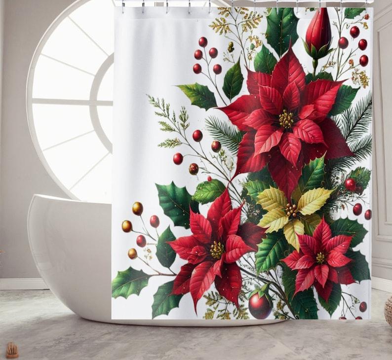 

Floral Christmas Botanical Shower Curtain For Home Decor, Holiday Bathroom Curtain With Housewarming Gift Design For Festive W60H190(CM)-1 Pcs